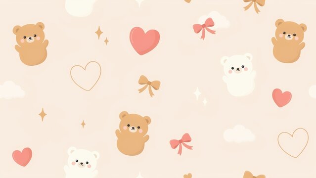 Seamless pattern with cute cartoon teddy bear faces, pink hearts, ribbons, and stars on a light beige background, repeating