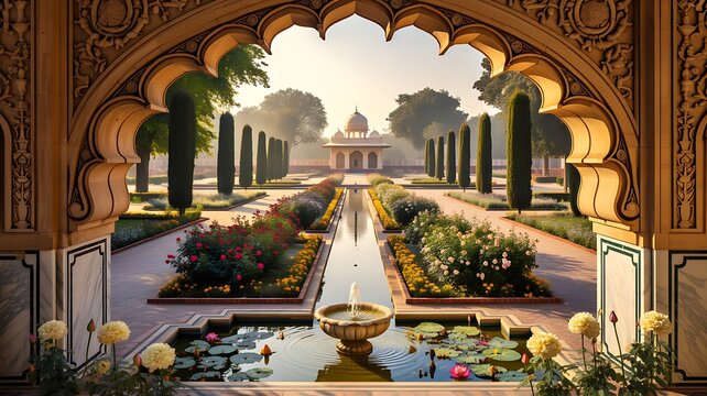 Ornate mughal inspired garden with palace and wildlife in serene setting