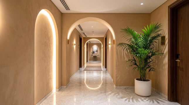 Modern Luxury Hotel Corridor with Arched Walls and Warm LED Lighting