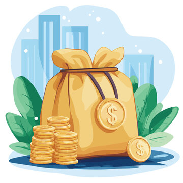 A money bag surrounded by coins, representing wealth and financial growth in a vibrant and modern setting.