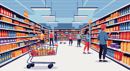 Obraz premium Busy supermarket aisle with colorful shelves and shoppers pushing carts and carrying baskets grocery store