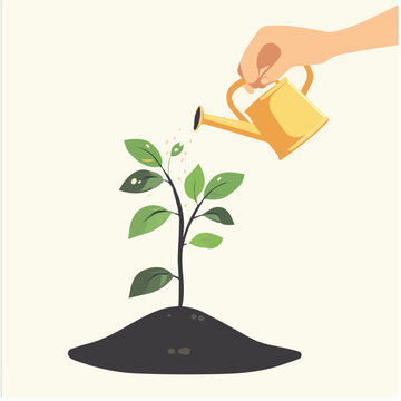 A hand watering a small plant, symbolizing growth and nurturing in a minimalist style.