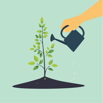 A hand watering a young plant with a black watering can against a light green background, promoting growth and care.