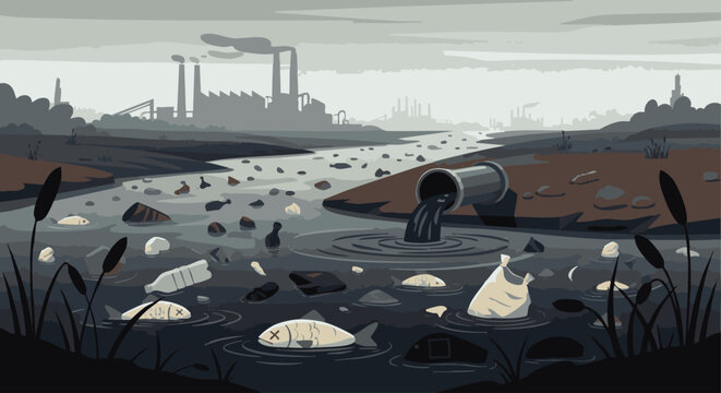 Industrial pipe releasing dark polluted water into a river littered with trash polluted river pollution