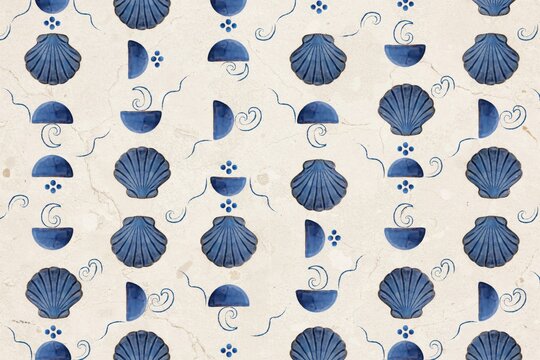 Seamless pattern with blue watercolor seashells, half circles, and swirling line arranged on a textured beige stone surface background