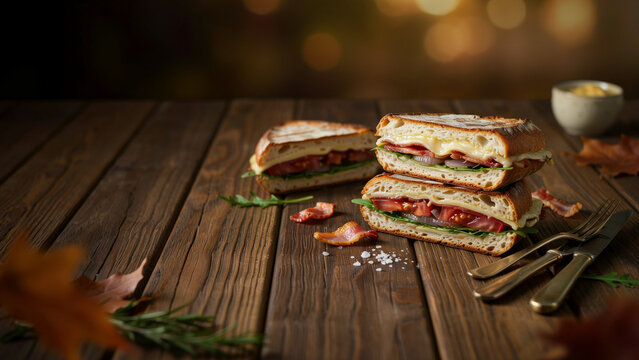 Mouthwatering sandwich feast with autumn ambiance, cinematic 3D render
