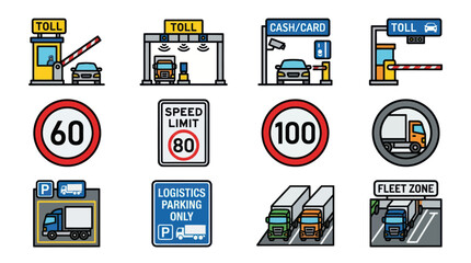 Road toll plaza and transportation safety sign icons. © Prime