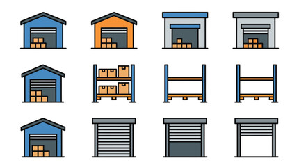 Storage unit facility and warehouse rolling door icon collection. © Prime