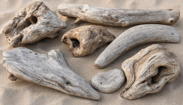 Collection of weathered driftwood pieces scattered on light beige sand with natural shapes and textures from exposure to the ocean waves