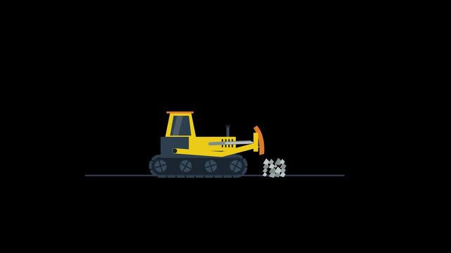 Yellow Construction Bulldozer Pushing Earth in Minimalist 2D Motion Graphics Animation on Black Background
