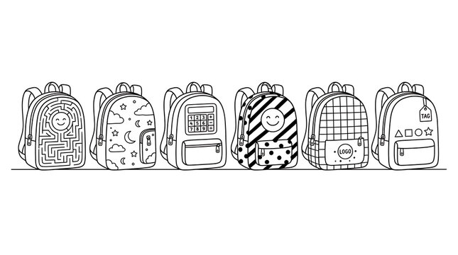 Set of six different backpacks with various patterns including maze, stars, calculator, stripes, dots, and shapes on a white background