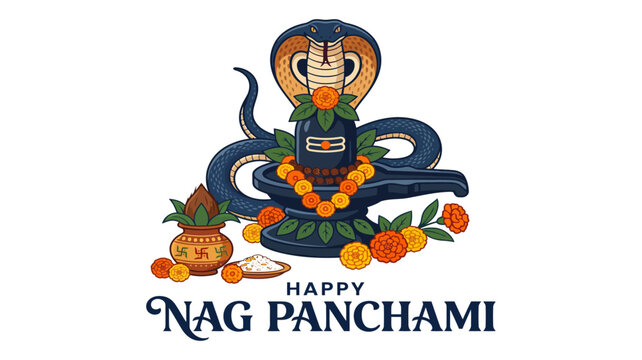 Nag Panchami Cobra Illustration With Milk Offering and Marigold Flowers for Hindu Festival Celebration