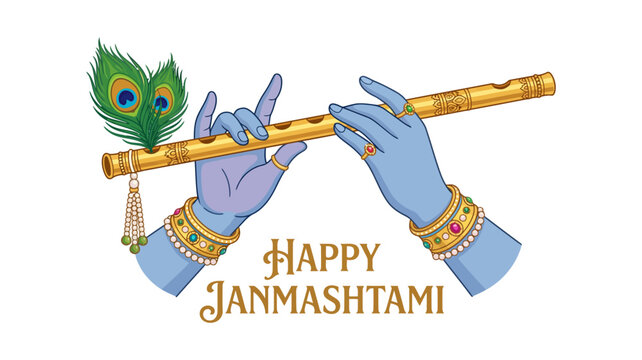 Happy Janmashtami Greeting Featuring Lord Krishna Hands Playing Golden Flute With Peacock Feather
