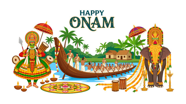 Happy Onam Festival Celebration In Kerala With Kathakali Dancer, Snake Boat Race, Elephant And Pookalam