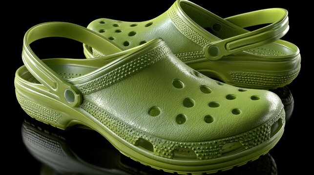 Pair of green rubber clogs against a black background