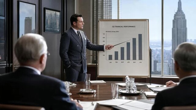 Confident Executive Presenting Positive Q2 Financial Performance Chart to Board of Directors in Retro Style Office