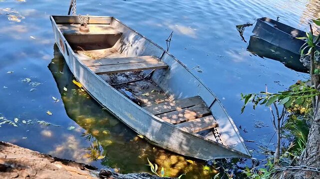 An old abandoned wooden boat rests in shallow calm lake water, surrounded by reflections and natural shoreline vegetation on a peaceful summer day