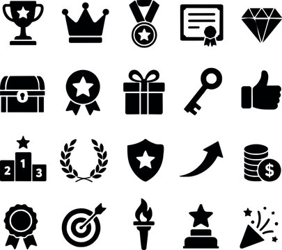  Achievement icons collection trophy crown medal certificate diamond award ribbon podium laurel wreath shield star torch target celebration success