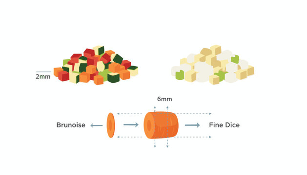 Culinary vegetable preparation demonstration showing brunoise and fine dice cutting techniques with precise dimensional measurements.
