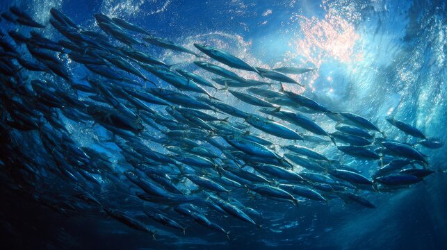 69.School of fish captured in mid-swim against open ocean backdrop, layered groups creating depth, gentle current suggested by flowing orientation of tails and fins, dappled light creating shimmering