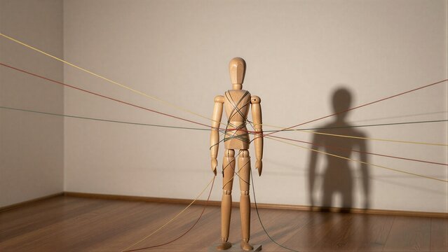 Wooden figure surrounded by tangled strings, casting shadow on plain wall.