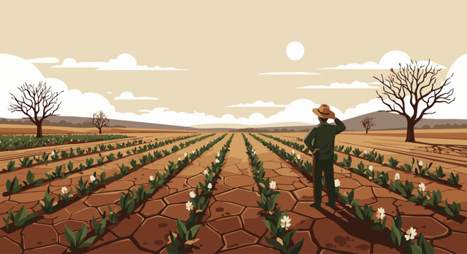 Farmer in green overalls tending to plants in dry cracked earth on a sunny day dry earth cracked ground