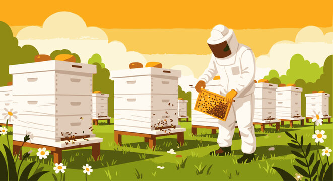 Beekeeper in white suit holding honeycomb frame near beehives in green field