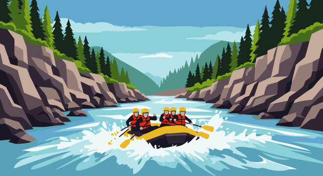 Yellow raft with four rafters navigating through whitewater rapids in a mountain river valley