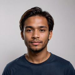 Fototapeta premium Young man with dark hair and a beard looks directly into the camera lens with a neutral facial expression.