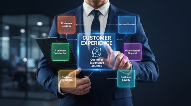Professional businessman engaging with digital customer experience dashboard