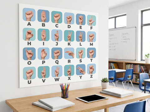 Sign language alphabet chart displayed in classroom for International Deaf Day  