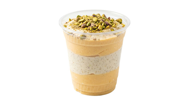 Pistachio frappe with whipped cream and crushed nuts, layered iced coffee smoothie in plastic cup, gourmet cold beverage for cafe menu isolated PNG with Transparent Background