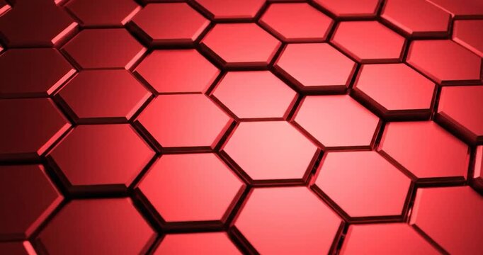 Red Metallic Hexagon Tiles Moving in Abstract Geometric 3D Animation
