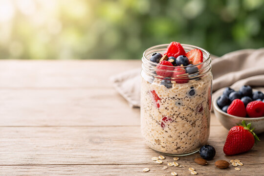 Overnight Oats mit frischen Beeren im Schraubglas zum Fr&uuml;hst&uuml;ck