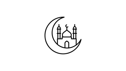 Mosque dome with crescent symbol, black and white vector line art, isolated on white background minimal icon, Crescent moon with mosque silhouette, black and white line art vector, isolated on white © Design