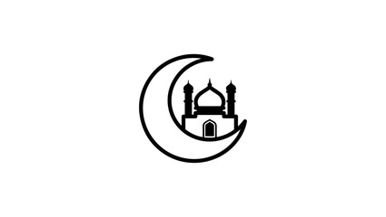 Mosque dome with crescent symbol, black and white vector line art, isolated on white background minimal icon, Crescent moon with mosque silhouette, black and white line art vector, isolated on white © Design