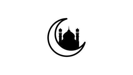 Mosque dome with crescent symbol, black and white vector line art, isolated on white background minimal icon, Crescent moon with mosque silhouette, black and white line art vector, isolated on white © Design