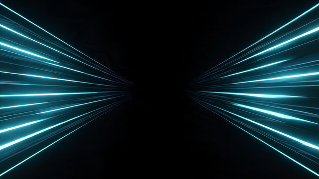 A futuristic abstract background with bright cyan neon light rays converging towards a dark center, conveying speed and high-tech digital vibes.