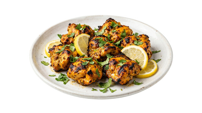 Grilled chicken tikka kebabs on white plate, roasted tandoori chicken pieces with lemon and cilantro, spicy indian appetizer platter isolated PNG with Transparent Background