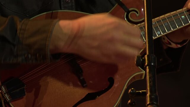 Closeup musician on stage strums an acoustic 8-string mandolin