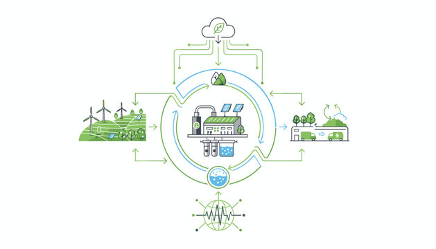Circular flow diagram illustrating sustainable coffee production cycles including energy, water, and waste management.