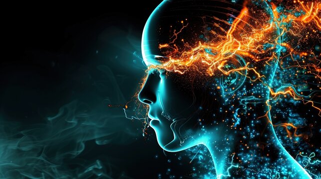 Side profile of a dark human silhouette with a soft ethereal blue energy field pierced and cracked by sharp jagged orange lightning, symbolizing an immune system attack. Abstract conceptual medical ar