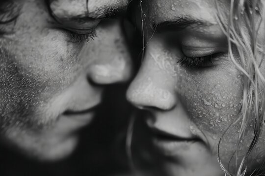 Intimate Couple's Foreheads Touching in Rain with Water Droplets During Romantic Moment with Selective Focus