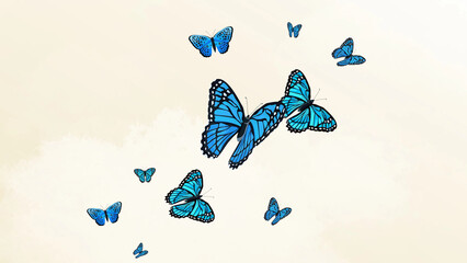 A group of vibrant blue butterflies fluttering against a light background. © Rawpixel.com