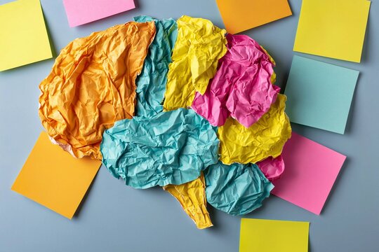 Colorful Crumpled Paper Brain with Sticky Notes Concept for ADHD Organization Memory Overload and Mental Productivity
