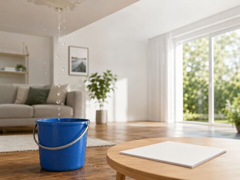 Filtraci&oacute;n de agua en una casa con cubo en el suelo y muebles alrededor