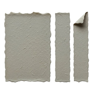 Three torn pieces of textured grey recycled paper sheets isolated on transparent background