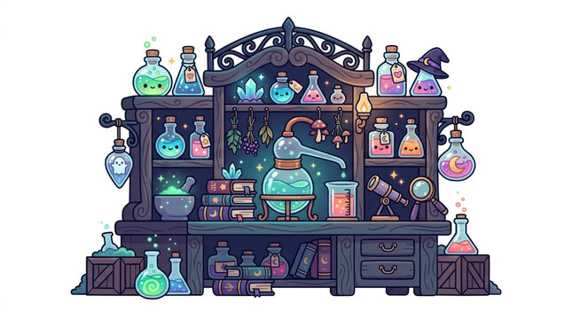 Cute Magical Alchemist Lab Shelf with Potions and Crystals