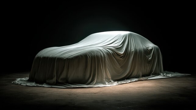 Luxury automobile covered with white fabric during dramatic studio lighting creating mystery and anticipation
