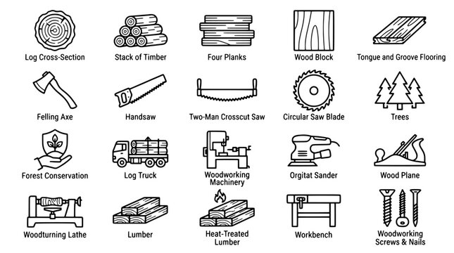 Set of woodworking and timber industry line icons featuring tools, lumber materials and forest conservation symbols